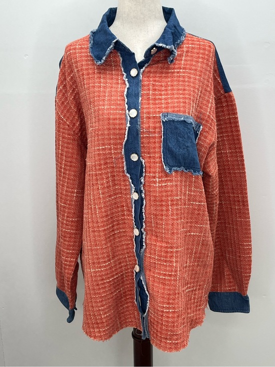 Umgee Tops - Umgee Rust Orange Denim Raw Edge Distressed Womens Shacket Shirt Medium